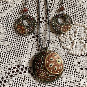 NWOT Wood Hand Painted Leather Black Cord Necklace/Earrings set